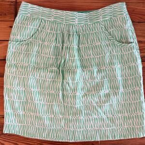 Boden Green White Geometric Linen Skirt A-line pockets, Side Zip, Lined 12